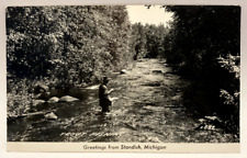 RPPC Trout Fishing, Greetings From Standish, Michigan MI Vintage Photo Postcard picture