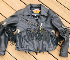 Vtg Harley Davidson Leather Jacket Womens Medium Black Fringe Concho Biker USA picture