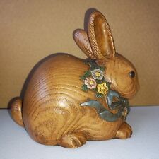 Vintage Wood-Like Bunny Rabbit Figurine Lightweight Plaster? Bow Flowers picture