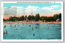 Municipal Bathing Beach on Lake Champlain Plattsburg New York NY Postcard picture