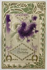 Postcard A Happy Birthday Embossed Fold Out Greetings Floral Double Horseshoes picture