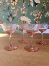 Pink Depression Coupe Glasses, Etched, Set Of Four, 4 Vintage Rose Blush picture