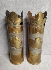 (2) 1913 Matched Pair WWI Trench Art Vases Maple Leaf Brass 15.25