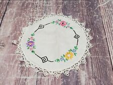 Vintage White Crocheted Edges  Embroidered Round Doilie  picture