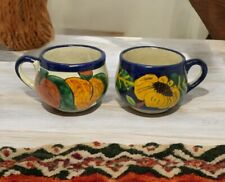 Set Of 2 Mexican Art Pottery Hand Painted Coffee Mugs 8 Oz - Mint Condition picture