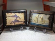 Greek Folk Art Wood Decoupage Plaque Galleon and Minoan Dolphins picture