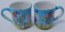 Two Starbucks Handpainted Blue Birdhouse/Fence Hungarian Coffee Mugs picture