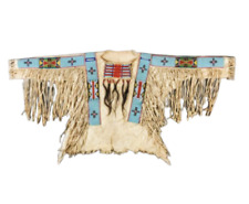 Old American Style Handmade Dakota Beaded Buckskin Hide Powwow War Shirt PWP126 picture