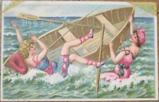 Risque 1908 Postcard, Bathing Beauty Women and Boat, Embossed Color Litho picture