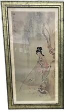 Asian Print Of Woman Fishing Geisha 26”x14” Framed Signed Top Left Vintage picture