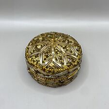 Ornate Jeweled Beaded Gold Colored Trinket Box Metal Jewelry Tin 3 inch picture
