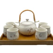 Dujust Japanese Tea Set White Pussy Willow Porcelain with 1 Teapot 6 Tea Cups picture