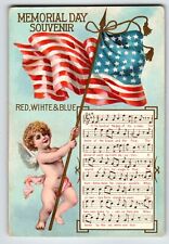 Decoration Memorial Day Postcard Red White & Blue Song Cupid Angel Flag Unposted picture