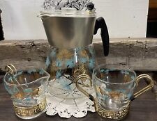 Vintage Douglas M Coffee Pot Percolator Aqua & Gold Pinecone Plus Cream /sugar picture