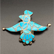Vintage Navajo Native Thunderbird Turquoise Silver Pin Brooch Pendant picture
