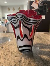 Handblown FAZZOLETTO RED, BLACK, WHITE Zebra Art Glass Vase picture