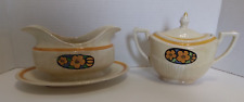 Antique Ridgways Hand Painted Bedford Ware Sugar Bowl & Gravy Boat Flowers picture