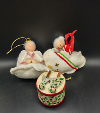 Vtg Russ & Berries Flocked Felt Christmas Ornament Angels Fabric Drum Set Of 3 picture