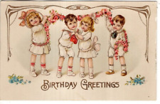ANTIQUE BIRTHDAY Postcard    GOLD ACCENT  -  CHILDREN HOLDING GARLAND picture