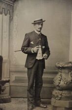 C.1890s Tintype Dapper Man In Confident Pose W Cane Boater Hat Dandy Suit D4090 picture
