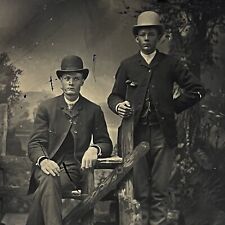 Antique Tintype Photograph Handsome Young Men Bowler Hats Fence Prop Wild West picture