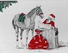 Artist Created Horse Racing Christmas Card Santa/Race Horse reading Daily Racing picture