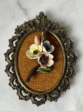 Vintage 3D Porcelain Cherry Wall Hanging Ornate Gold Frame 8” X  5” Italy 1960’s picture