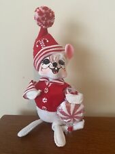 Annalee 8” Santa Mouse 2007 White Red Holding Peppermint Candy Pink Ear Jolly picture