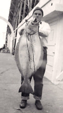 Vtg Photo - Halibut 27.5 lb. - Pier man holding up catch of the day WOB | 1950s picture