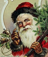 C. 1910 Santa Claus Brown Gloves/Trim Christmas Tree Bells Embossed Postcard picture