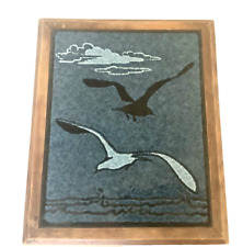 Vintage European Seabirds Blue Hand painted Ceramic Tile Wood  Frame Trivet 9.5