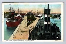 Sault Ste Marie MI-Michigan, Busy Day At The Soo Locks, Vintage c1934 Postcard picture