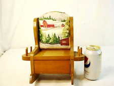 Vtg Wood Rocking Chair Pin Cushion Sewing Thread Spool Holder Draw Bark Cloth FS picture