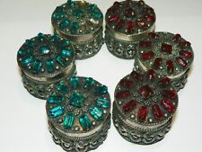 India VTG Ethnic 6 Trinket Boxes Lift Off Lid SilverTone Ruby/Teal prong decor picture