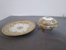 Antq. 2pc set, NORITAKE NIPPON Hand Painted Gilded Footed Trinket Dish & plate picture