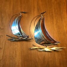 Vintage Set 2 Brass Copper and Wood Sailboat Wall Hangings MCM Nautical Boats picture