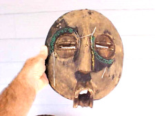 Important 1800s? AFRICAN Tribal Hand Carved Wooden Mask LARGE Round w/Beadwork picture