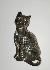 Textured Pewter Cat Brooch Pin Egyptian Inspired Rhinestones Vintage Jewelry picture