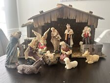 Vintage 11Piece Nativity Set Real Wood Stable Ceramic Merry Christmas W/box picture