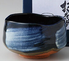 Japan Matcha Chawan Tea Bowl Navy Dark Blue White Brushed Tea Ceremony Mino ware picture