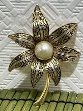 Vintage Damascene Large Flower Faux Pearl Goldtone Brooch picture