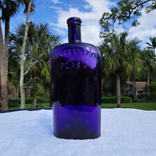 TUMBLED - 1890'S ANTIQUE LARGE PURPLE STRAP SIDE WHISKEY FLASK   9 3/4