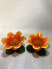 Beautiful Set Of Art Glass Flower Candle Holders Base Glass Leaves 2.75 X 4.25 picture