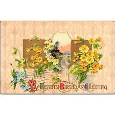 1909 Vintage Postcard A Hearty Birthday Greeting Yellow Flowers and a House picture