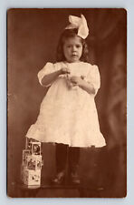 RPPC Portrait of Young Girl in White Summer Dress Toy Blocks Postcard picture