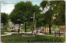 City Park Freeport Illinois IL Park Grounds Fountain Benches Trees Postcard picture