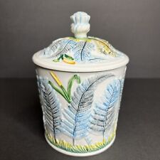 Vintage English Style Majolica Fern Ceramic Lidded Canister - Blue & White picture
