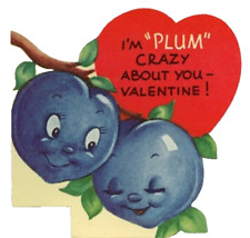 Vintage Valentine Card I'm Plum Crazy About You Anthropomorphic Fruit picture