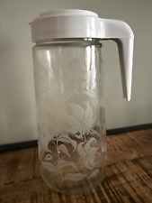 VTG 1970s Anchor Hocking TANG Glass Pitcher with Lid - 1 Quart - Etched Lilies picture