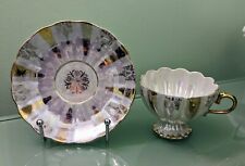 Vintage Porcelain Footed Teacup & Saucer: Iridescent & Gold Metallic, 4oz picture